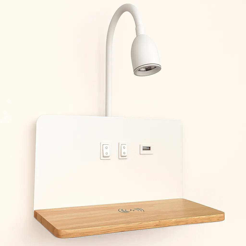 Applique murale LED avec liseuse, USB et chargeur sans fil – Étagère bois design pour chevet ou bureau