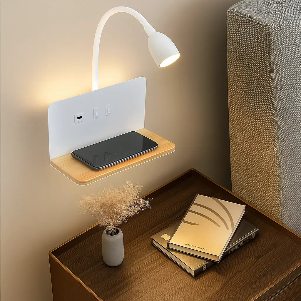 Applique murale LED avec liseuse, USB et chargeur sans fil – Étagère bois design pour chevet ou bureau