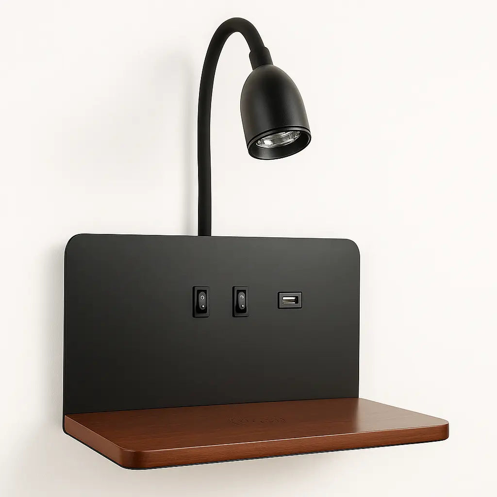 Applique murale LED avec liseuse, USB et chargeur sans fil – Étagère bois design pour chevet ou bureau