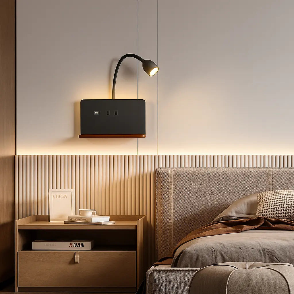 Applique murale LED avec liseuse, USB et chargeur sans fil – Étagère bois design pour chevet ou bureau