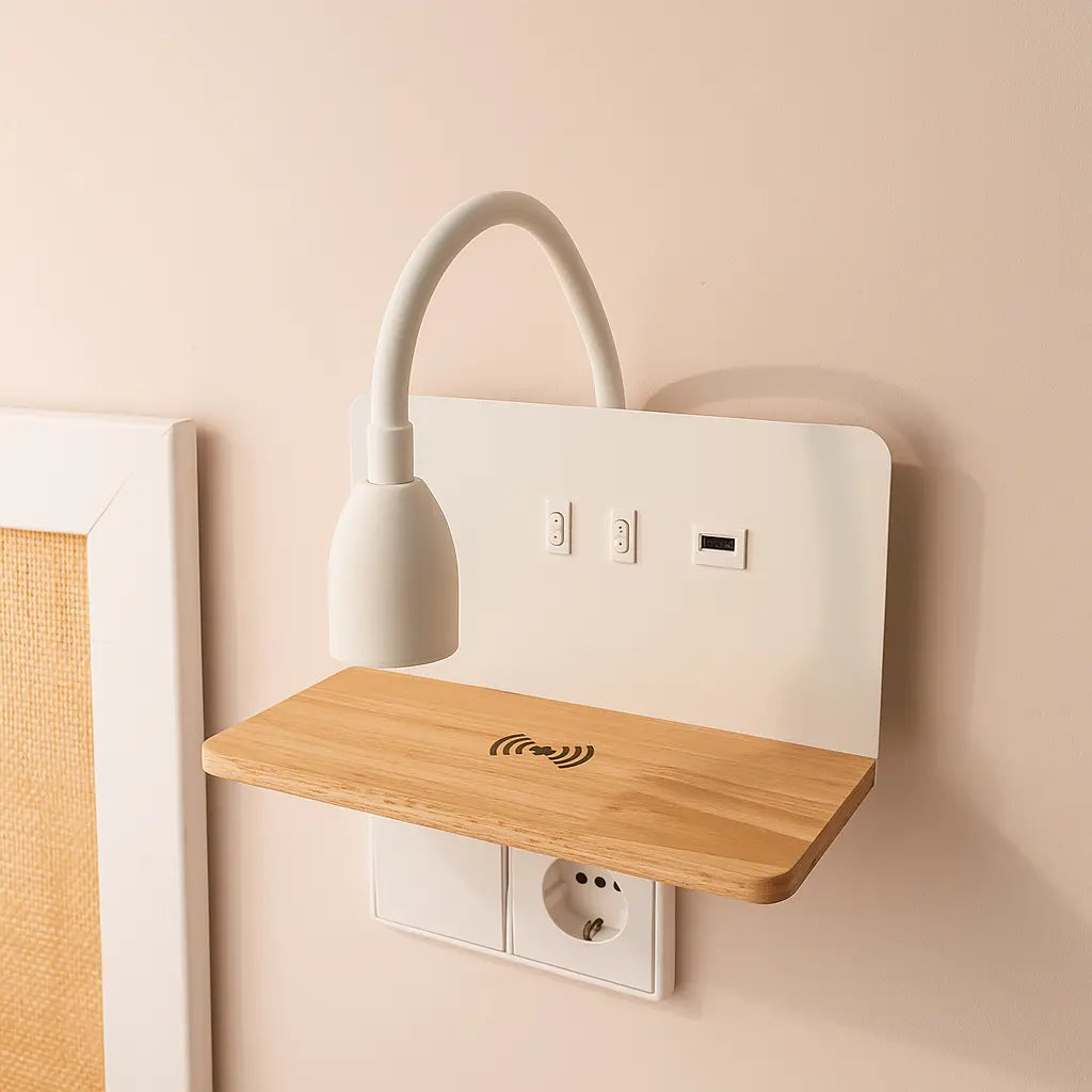 Applique murale LED avec liseuse, USB et chargeur sans fil – Étagère bois design pour chevet ou bureau