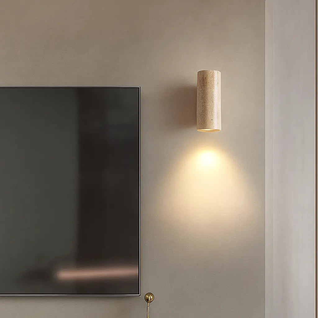 Applique murale LED en travertin – Base bois, blanche – Style Wabi Sabi