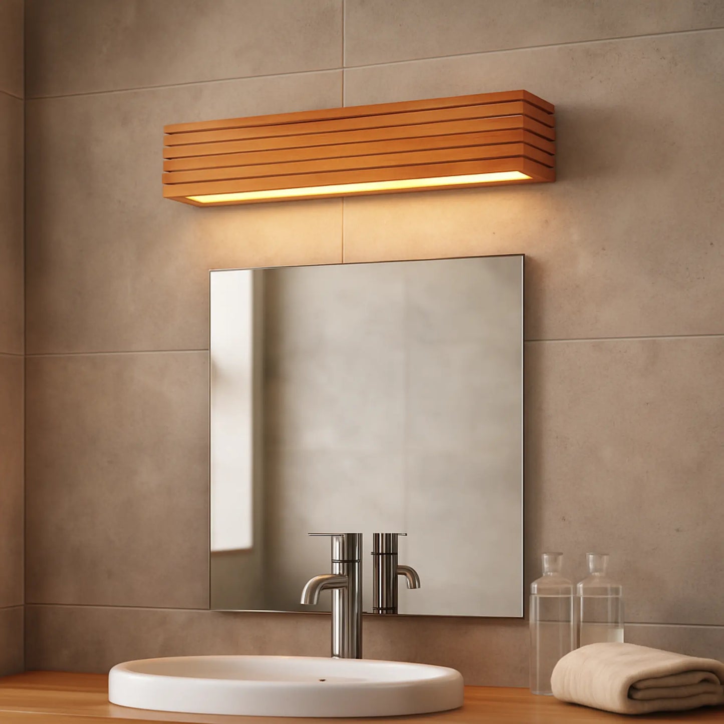 Applique murale bois massif LED – lumière froide, design nordique salle de bain