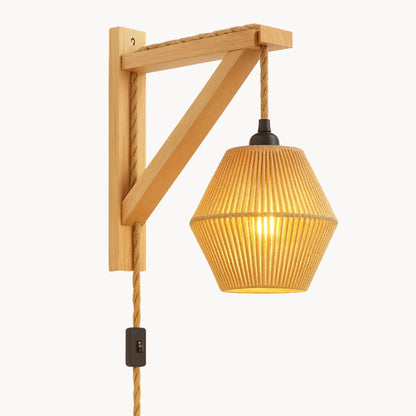 Applique murale rétro avec câble – style rotin tressé, fixation bois naturel