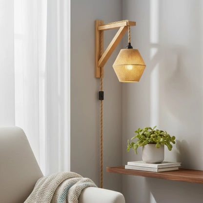 Applique murale rétro avec câble – style rotin tressé, fixation bois naturel