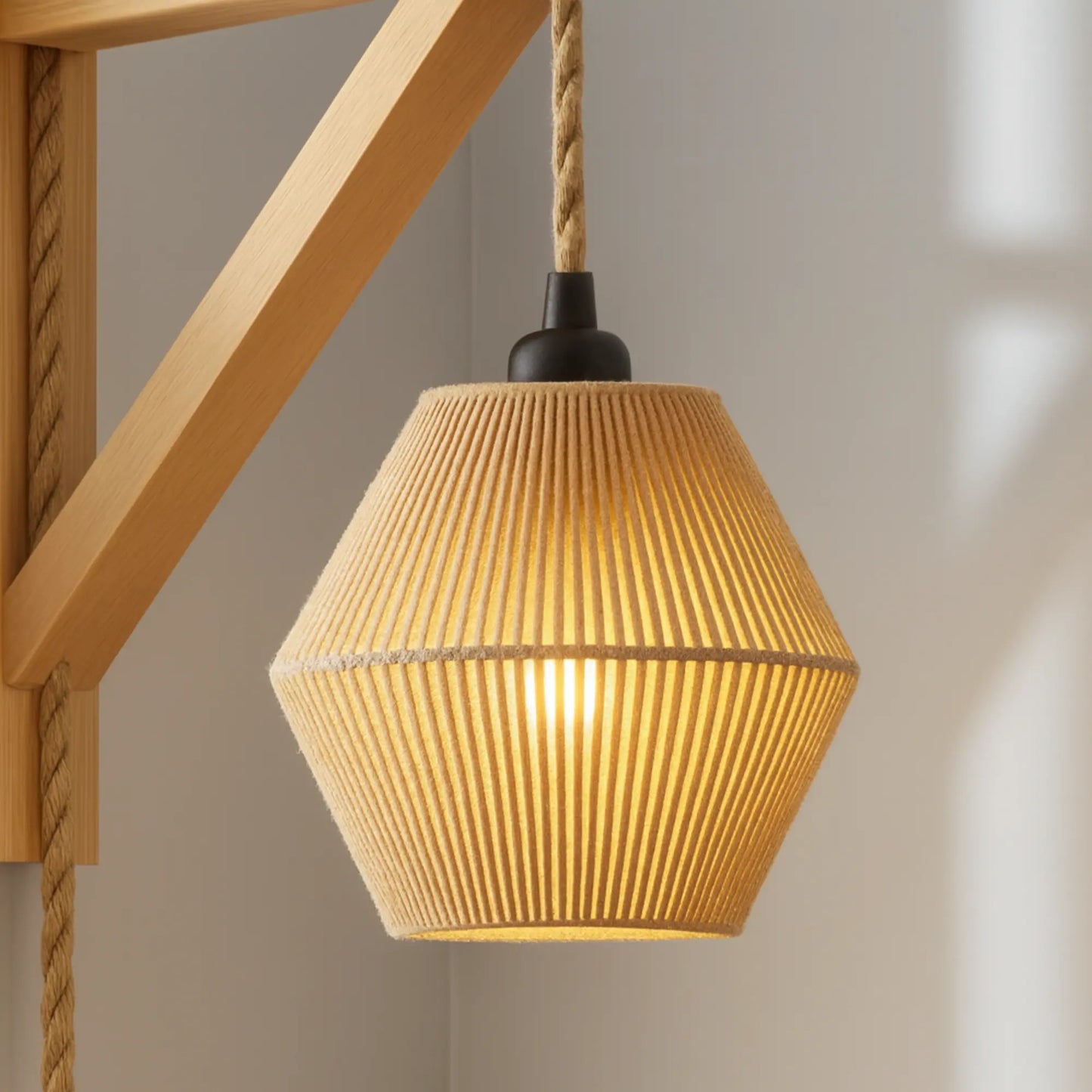 Applique murale rétro avec câble – style rotin tressé, fixation bois naturel