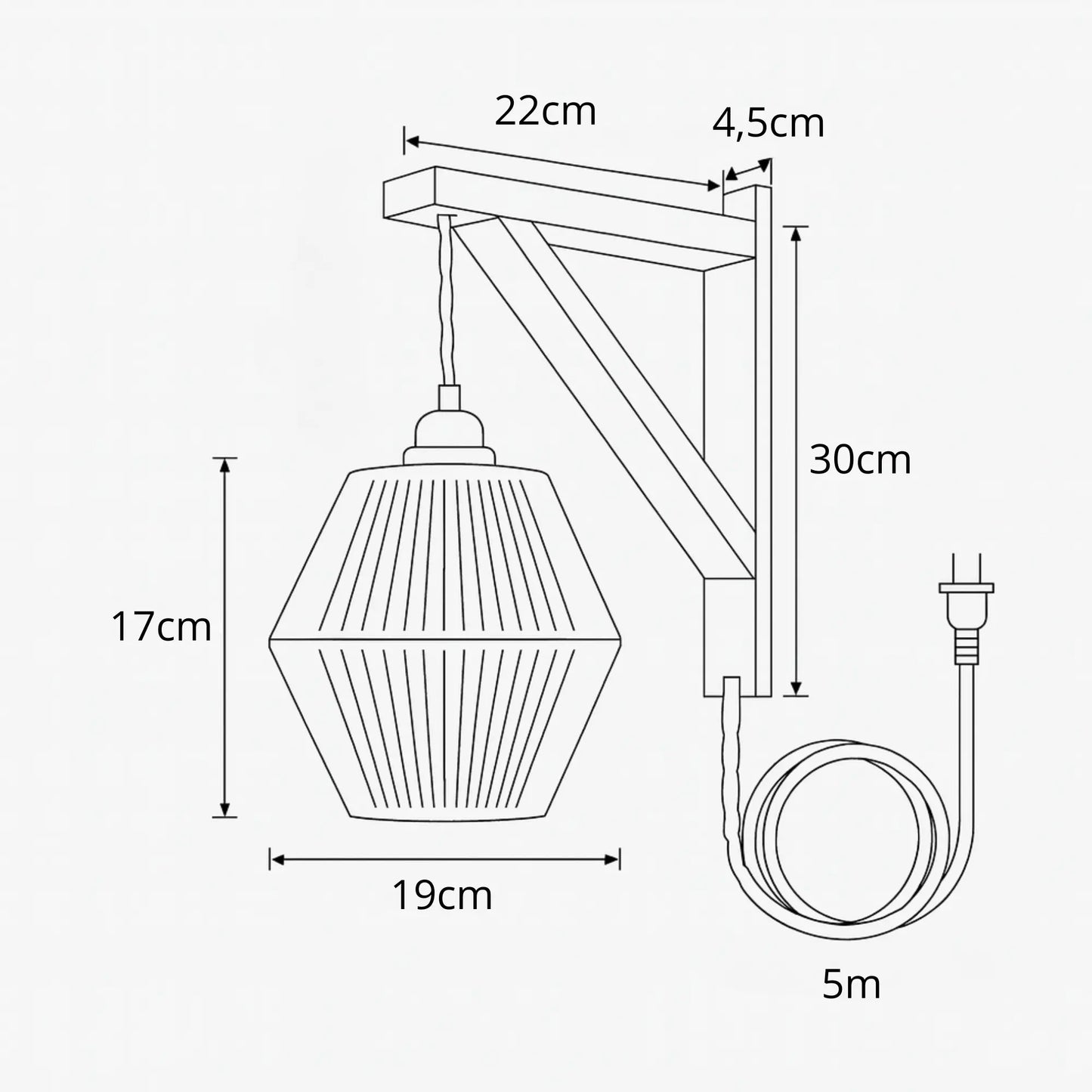 Applique murale rétro avec câble – style rotin tressé, fixation bois naturel