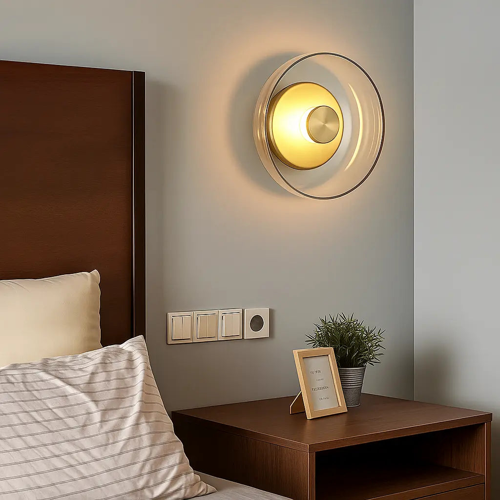 Applique murale LED moderne en verre – Design rond doré pour chambre, salon ou hôtel