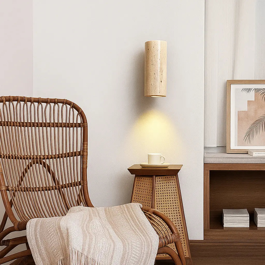 Applique murale LED en travertin – Base bois, blanche – Style Wabi Sabi
