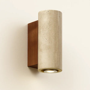 Applique murale LED en travertin – Base bois, blanche – Style Wabi Sabi