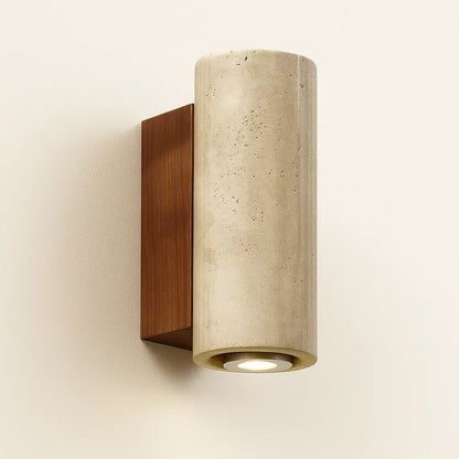 Applique murale LED en travertin – Base bois, blanche – Style Wabi Sabi