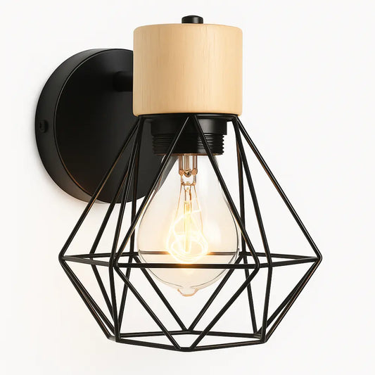 Applique murale industrielle bois & métal – Cage géométrique vintage design