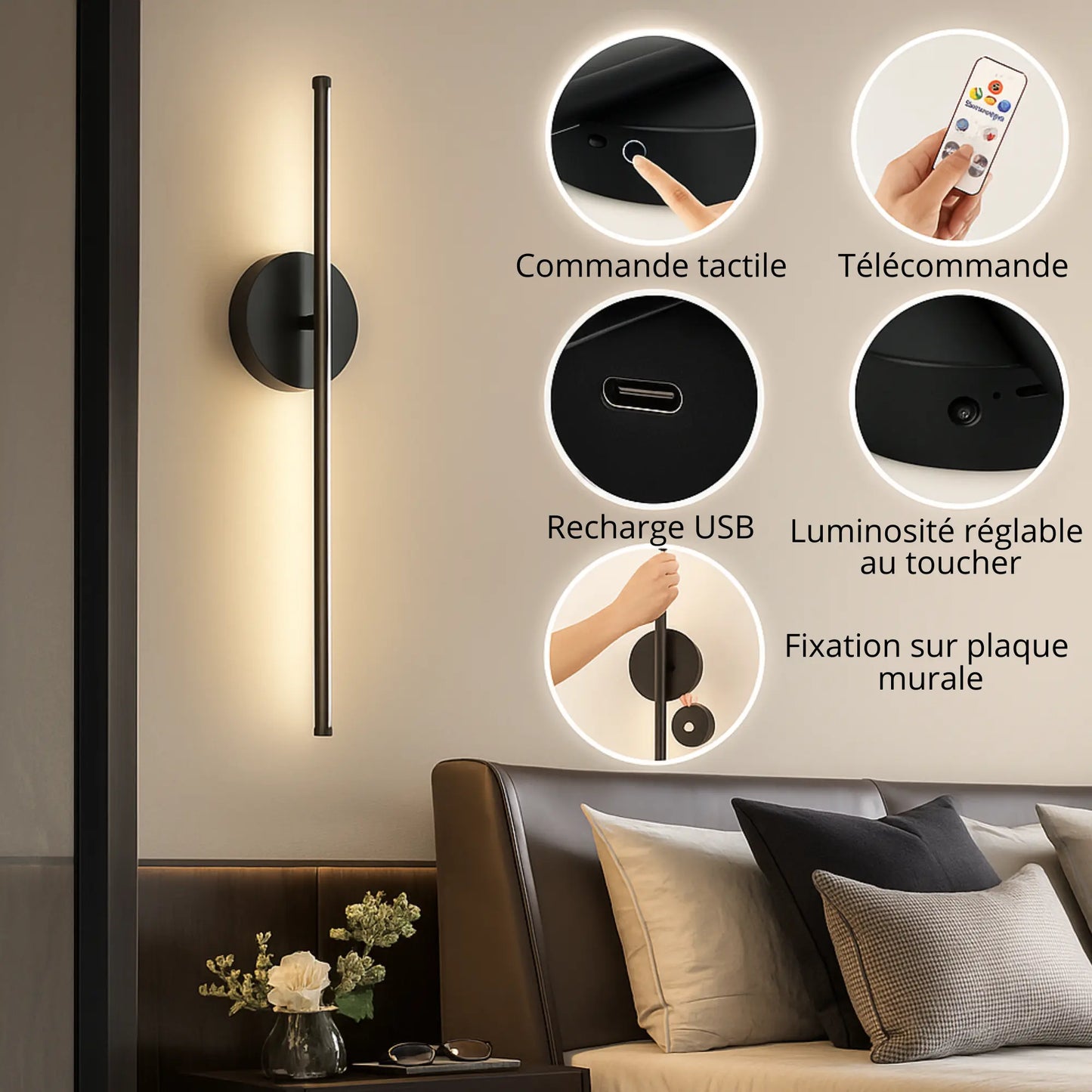 Applique murale LED dorée ou noire – 50 cm avec télécommande et intensité variable