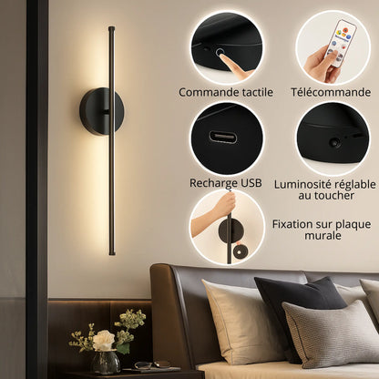 Applique murale LED dorée ou noire – 50 cm avec télécommande et intensité variable