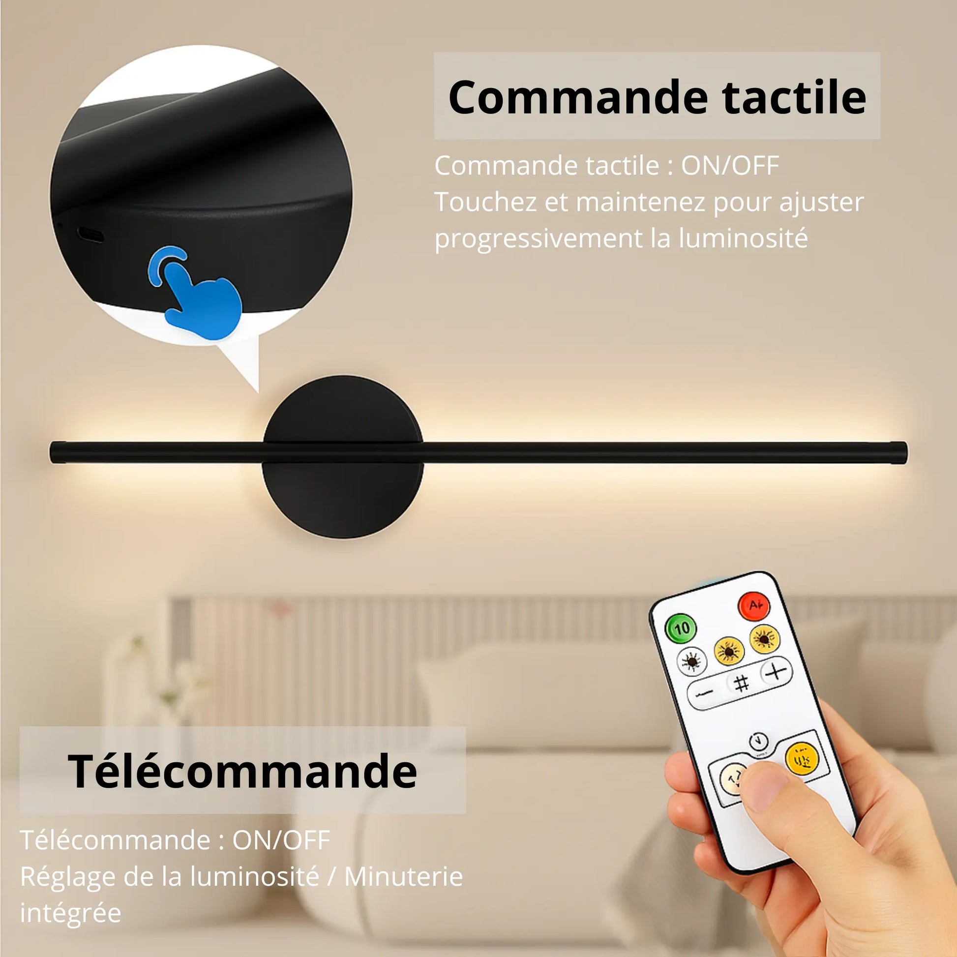 Applique murale LED dorée ou noire – 50 cm avec télécommande et intensité variable