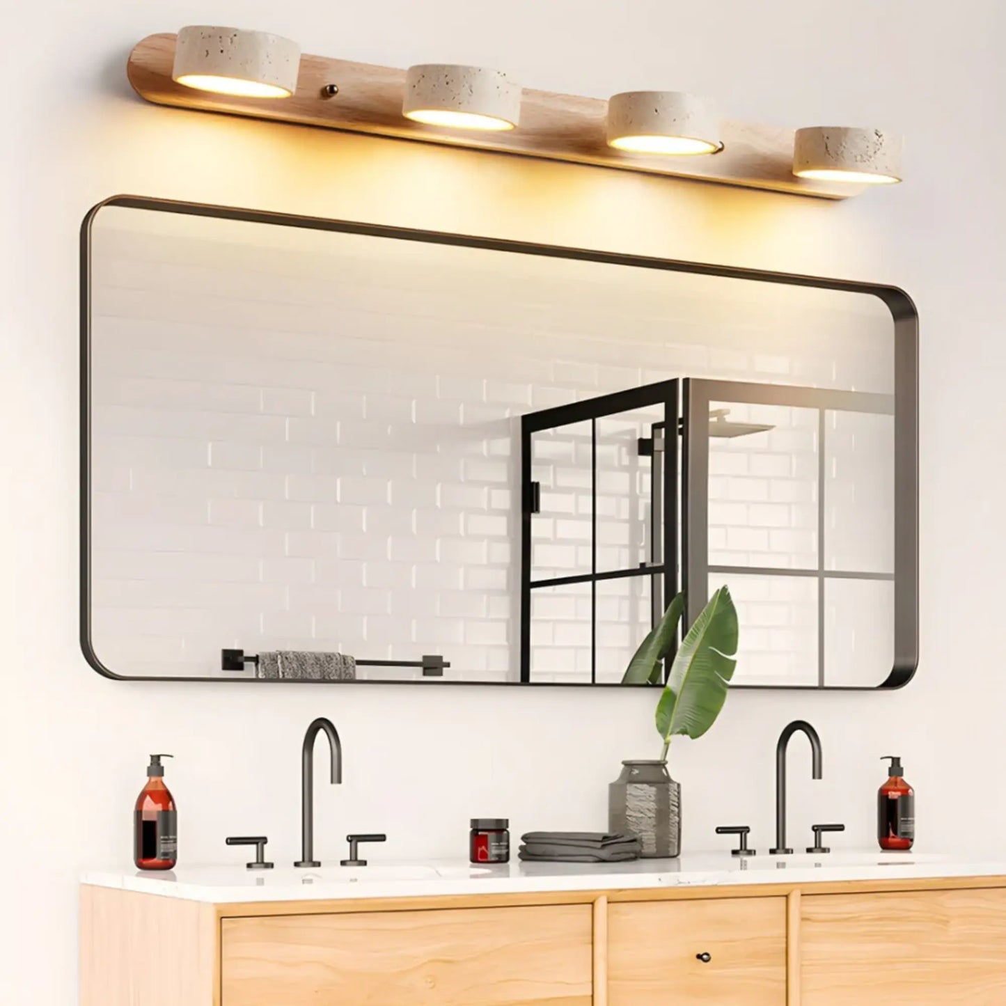 Applique murale LED salle de bain – Bois clair & travertin, design minimaliste