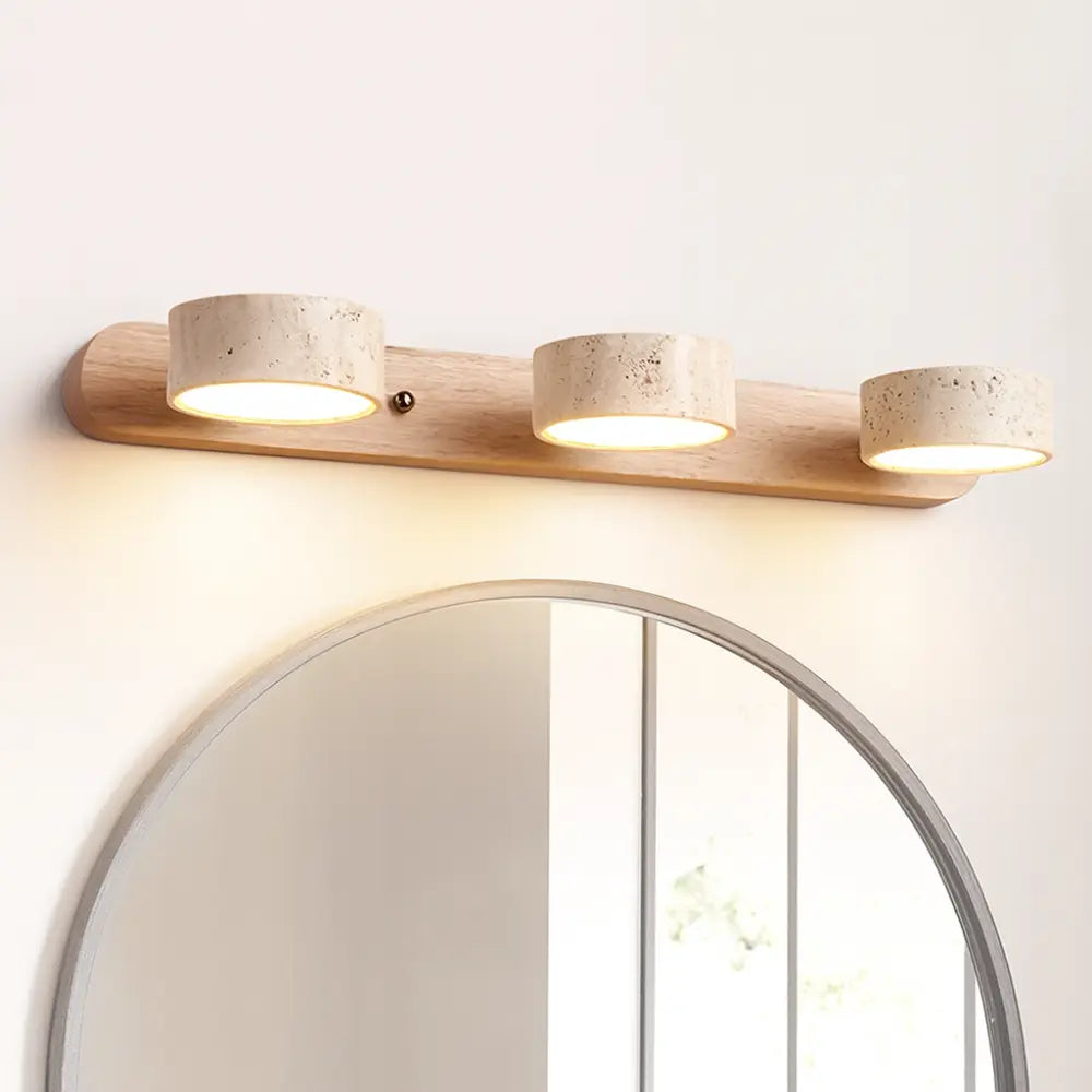 Applique murale LED salle de bain – Bois clair & travertin, design minimaliste