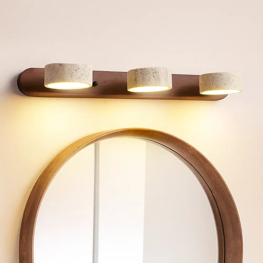 Applique murale LED salle de bain – Bois clair & travertin, design minimaliste