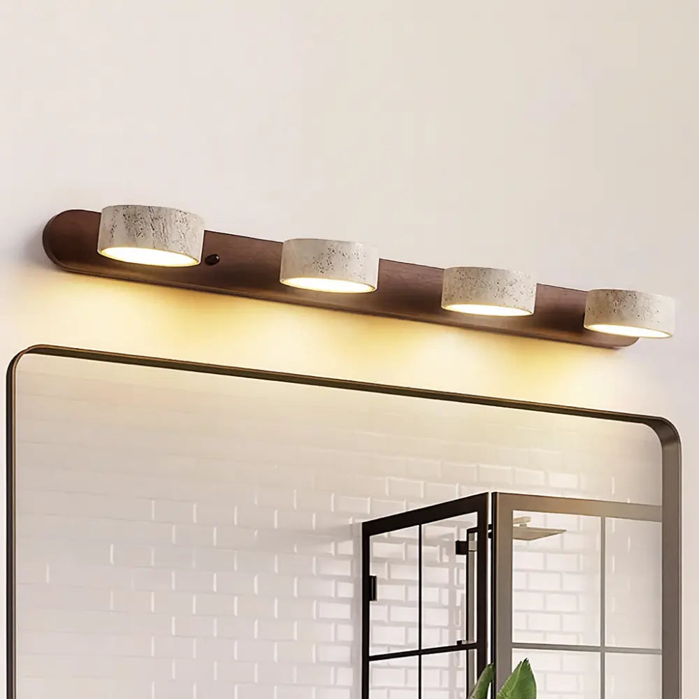 Applique murale LED salle de bain – Bois clair & travertin, design minimaliste