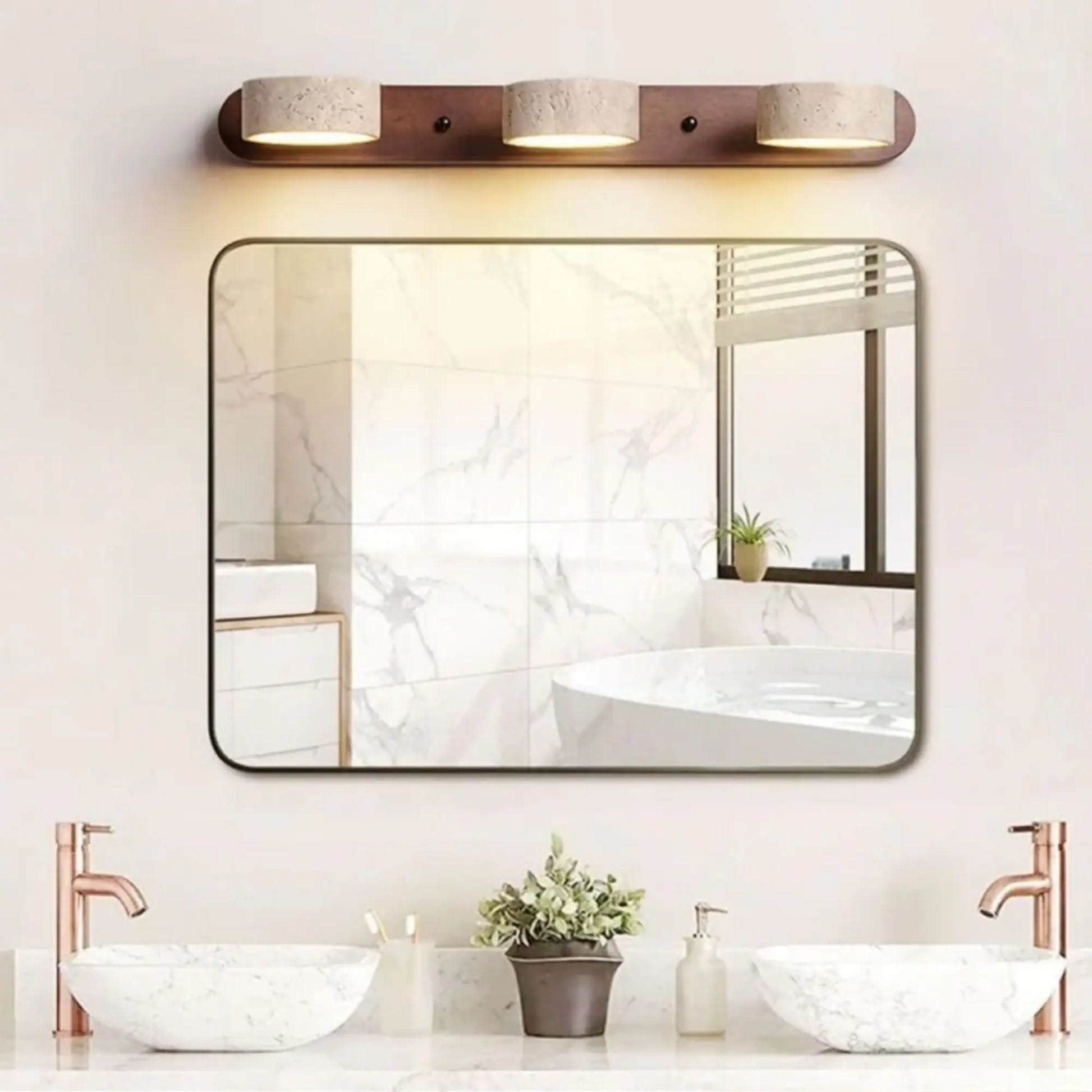 Applique murale LED salle de bain – Bois clair & travertin, design minimaliste