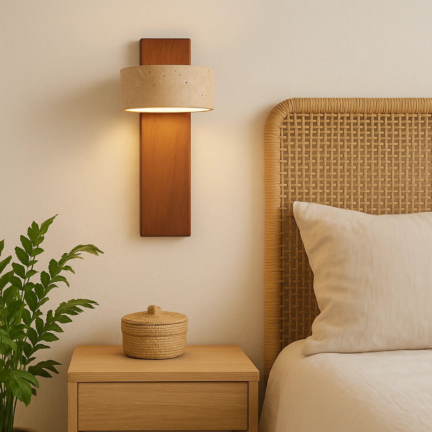Applique murale LED style japonais – Bois clair & travertin, rotative