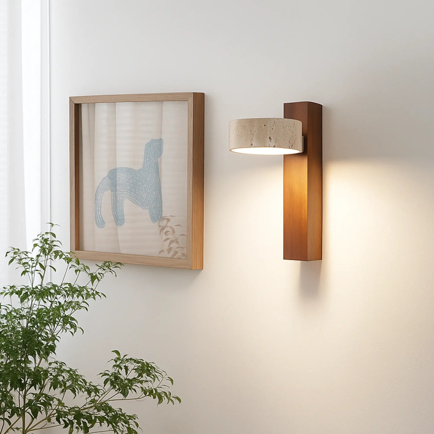 Applique murale LED style japonais – Bois clair & travertin, rotative