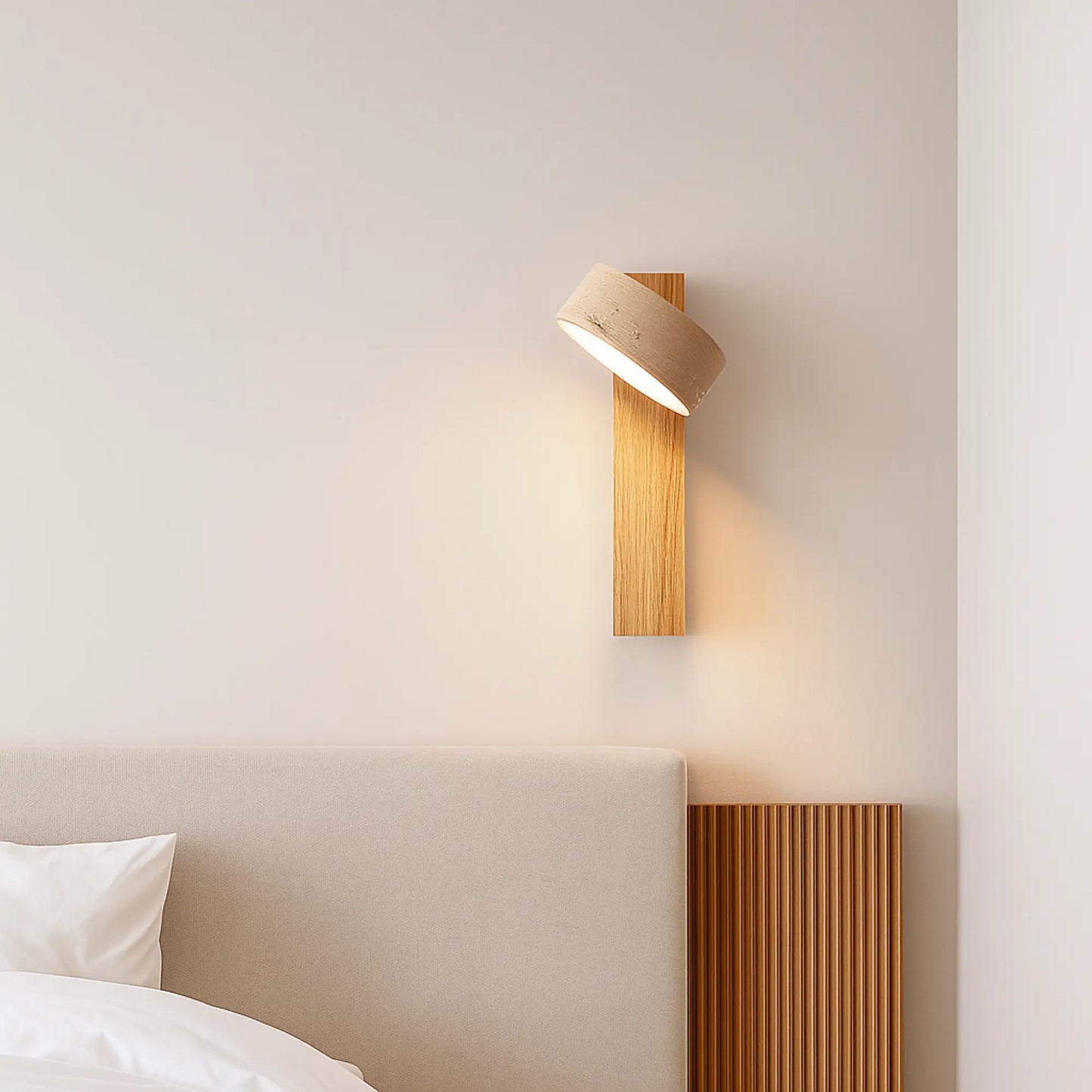 Applique murale LED style japonais – Bois clair & travertin, rotative