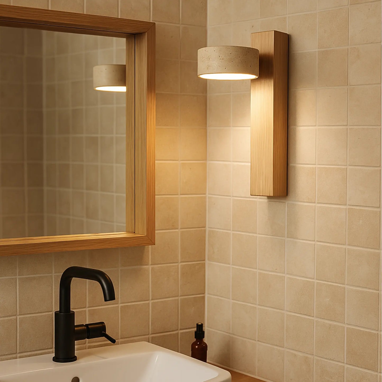 Applique murale LED style japonais – Bois clair & travertin, rotative