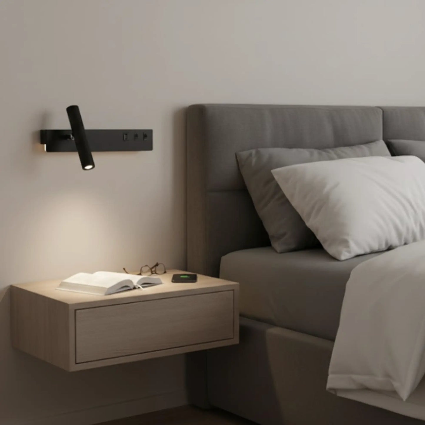 Applique murale avec liseuse LED, interrupteur et chargeur USB intégré