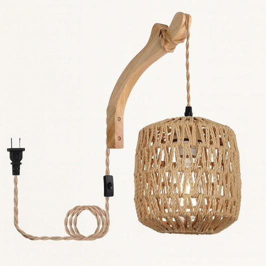 Applique murale rotin avec prise – style naturel E27 pour chambre ou salon