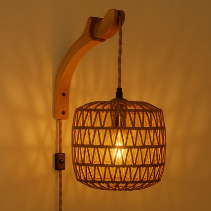 Applique murale rotin avec prise – style naturel E27 pour chambre ou salon