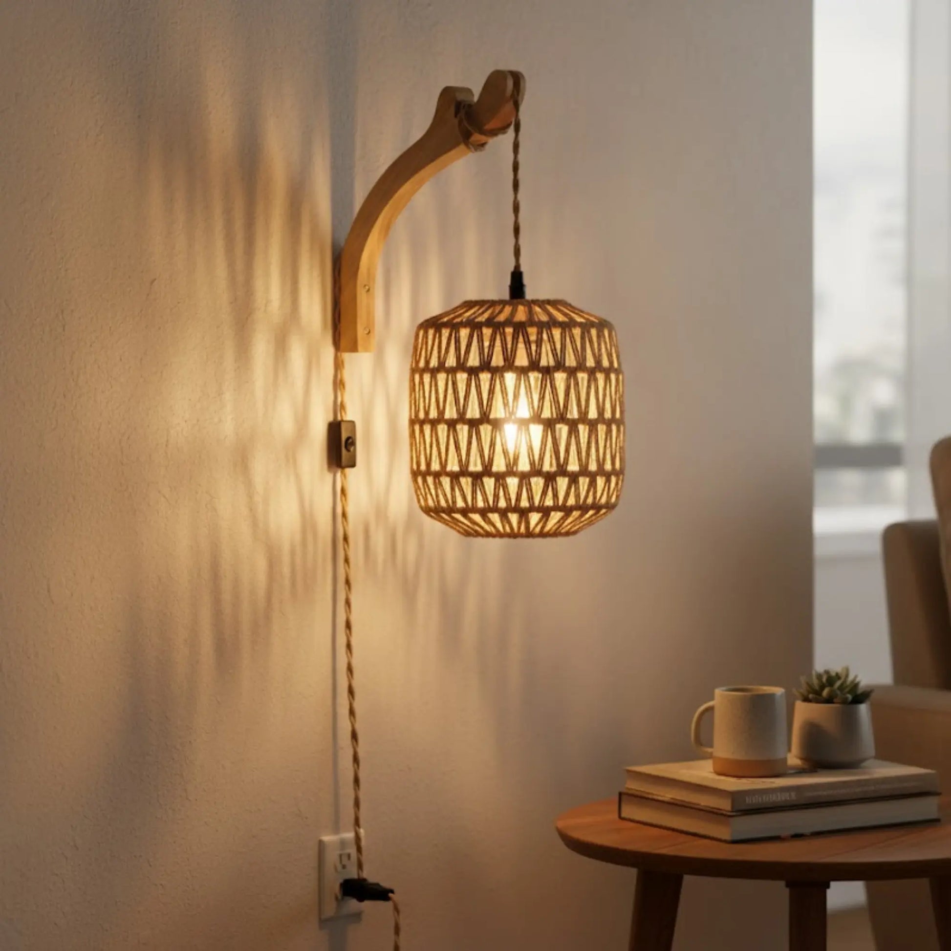 Applique murale rotin avec prise – style naturel E27 pour chambre ou salon