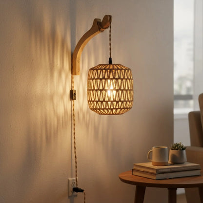 Applique murale rotin avec prise – style naturel E27 pour chambre ou salon