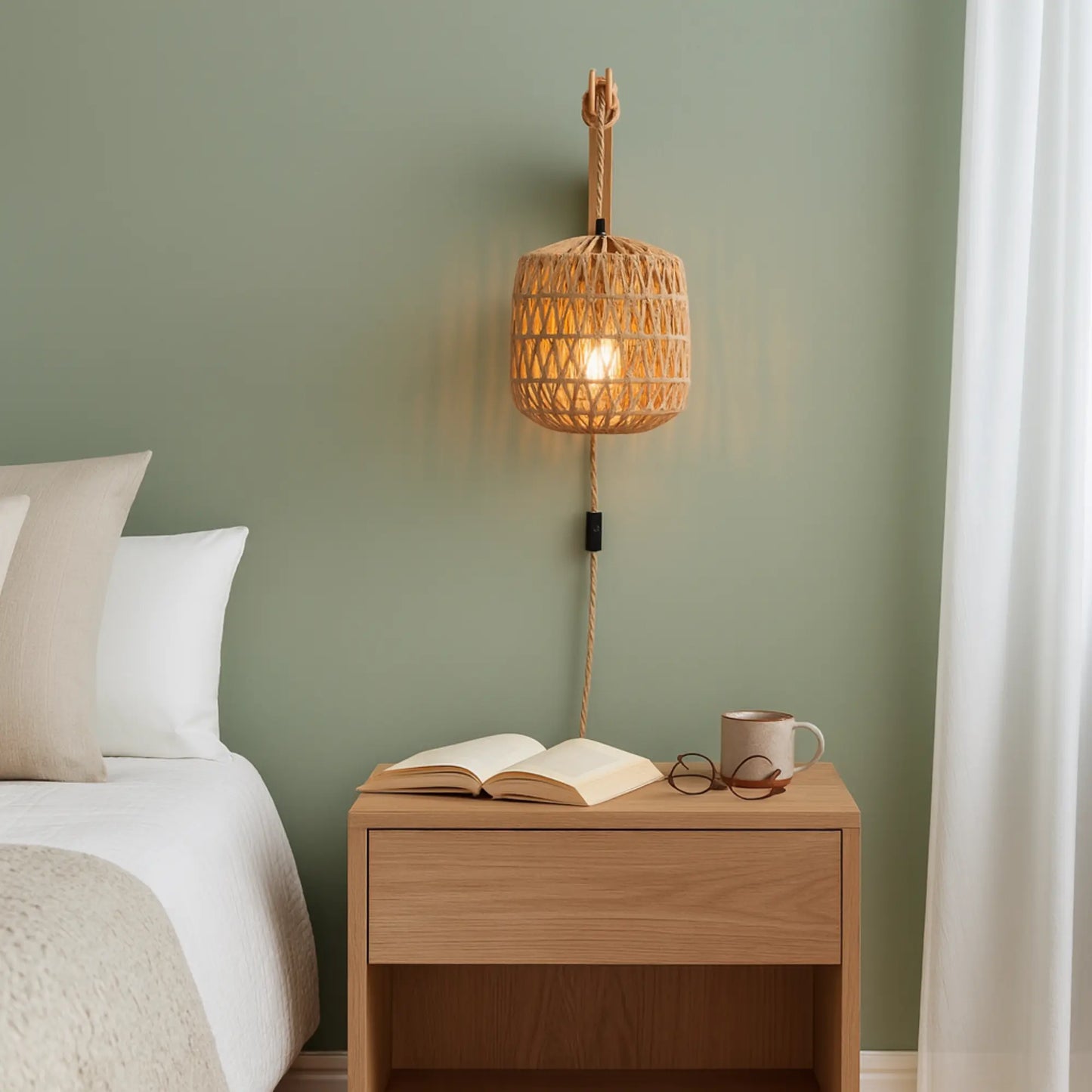 Applique murale rotin avec prise – style naturel E27 pour chambre ou salon