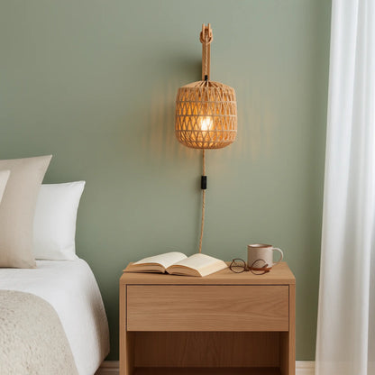 Applique murale rotin avec prise – style naturel E27 pour chambre ou salon