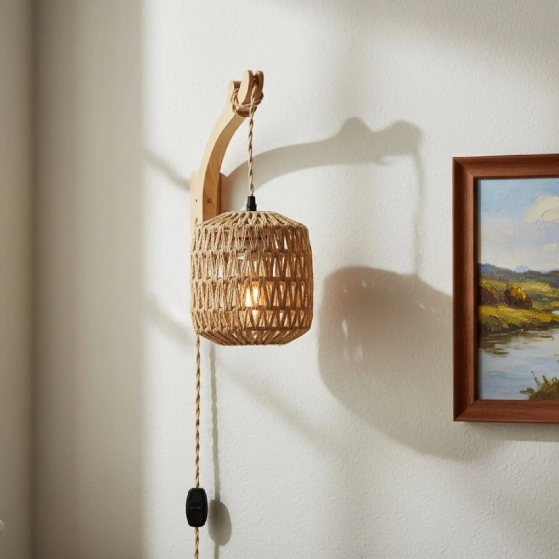 Applique murale rotin avec prise – style naturel E27 pour chambre ou salon