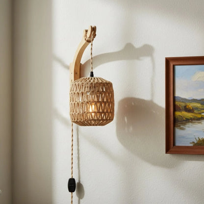Applique murale rotin avec prise – style naturel E27 pour chambre ou salon