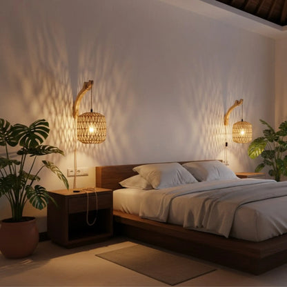 Applique murale rotin avec prise – style naturel E27 pour chambre ou salon