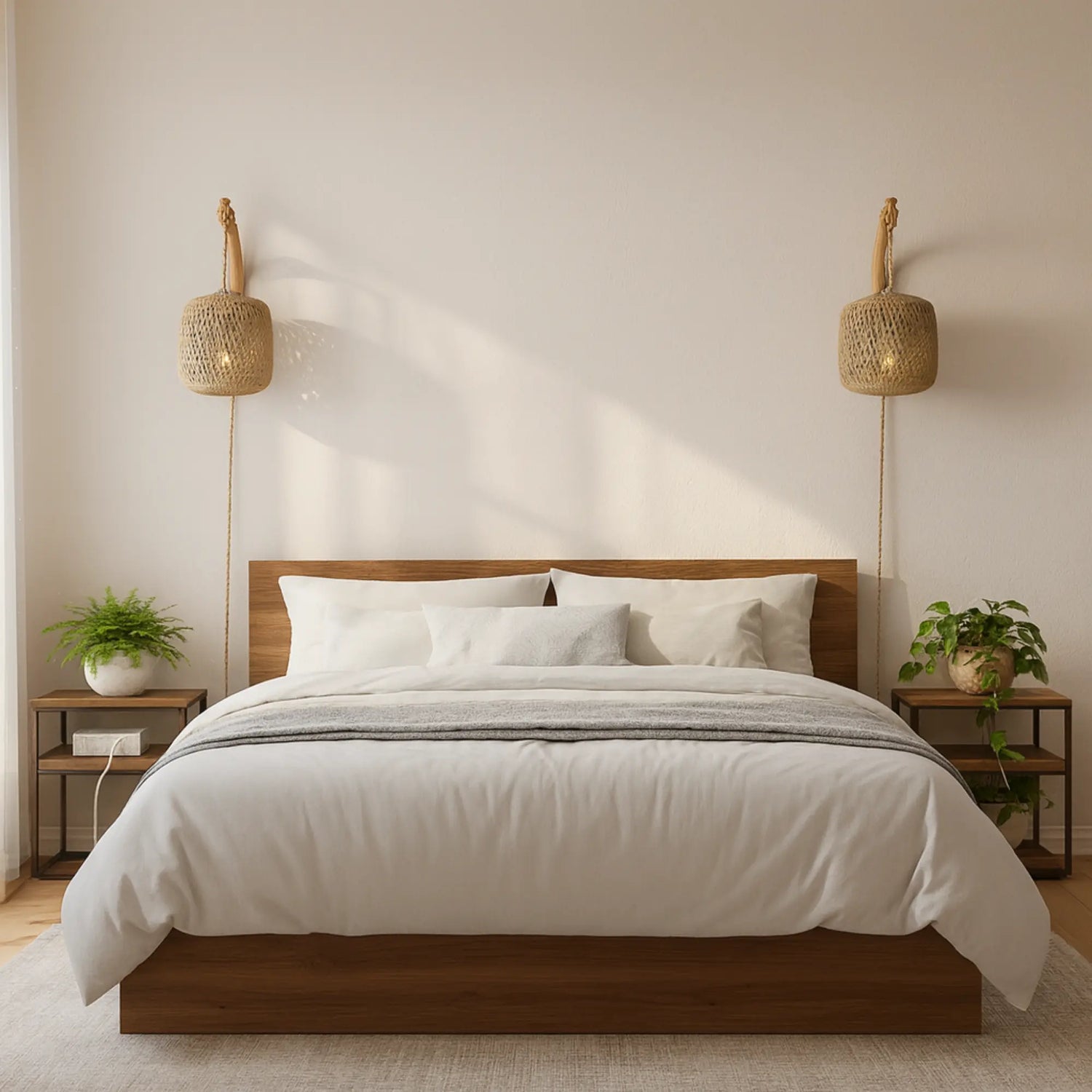 Applique murale rotin avec prise – style naturel E27 pour chambre ou salon