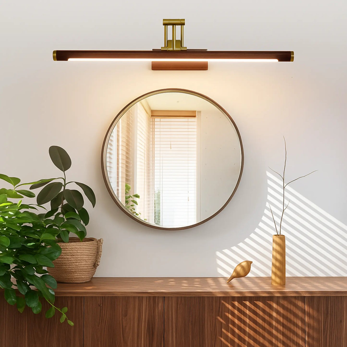 Applique murale salle de bain design bois doré – Lampe LED miroir moderne