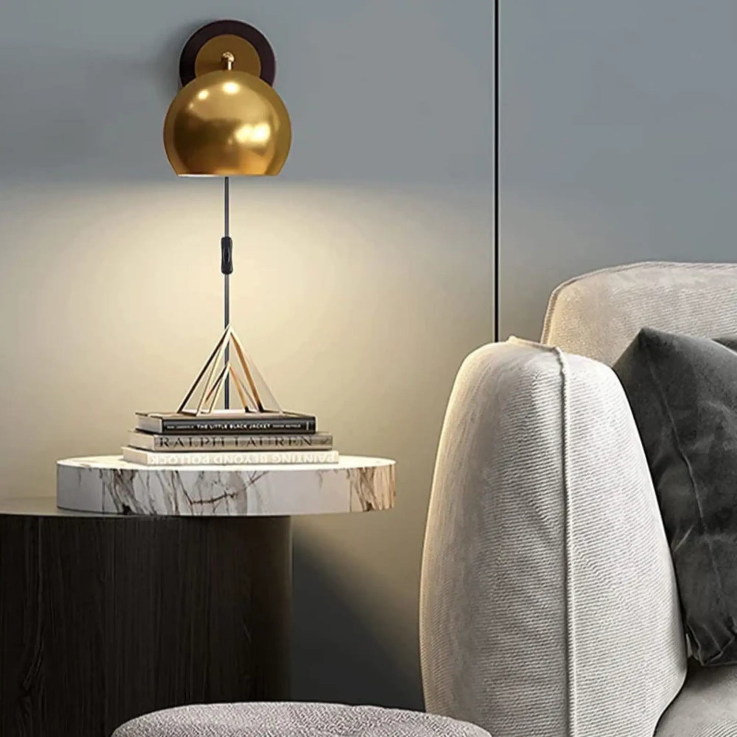 Applique murale vintage dorée – design industriel avec câble et interrupteur