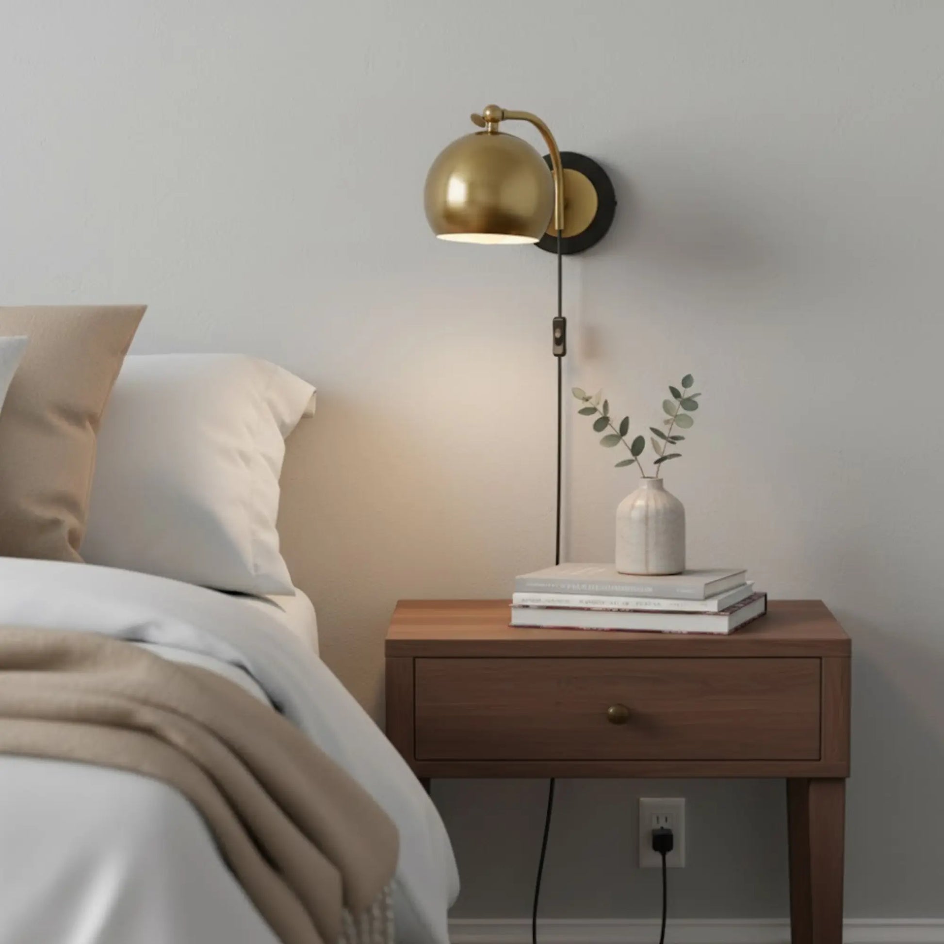 Applique murale vintage dorée – design industriel avec câble et interrupteur