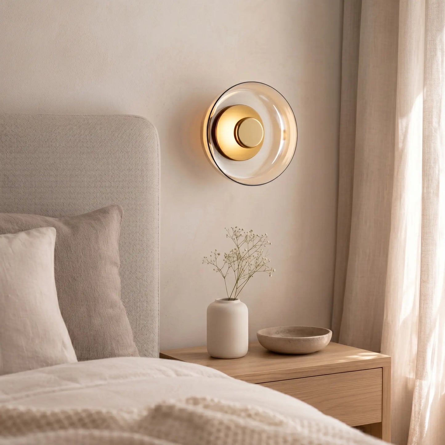 Applique murale LED moderne en verre – Design rond doré pour chambre, salon ou hôtel