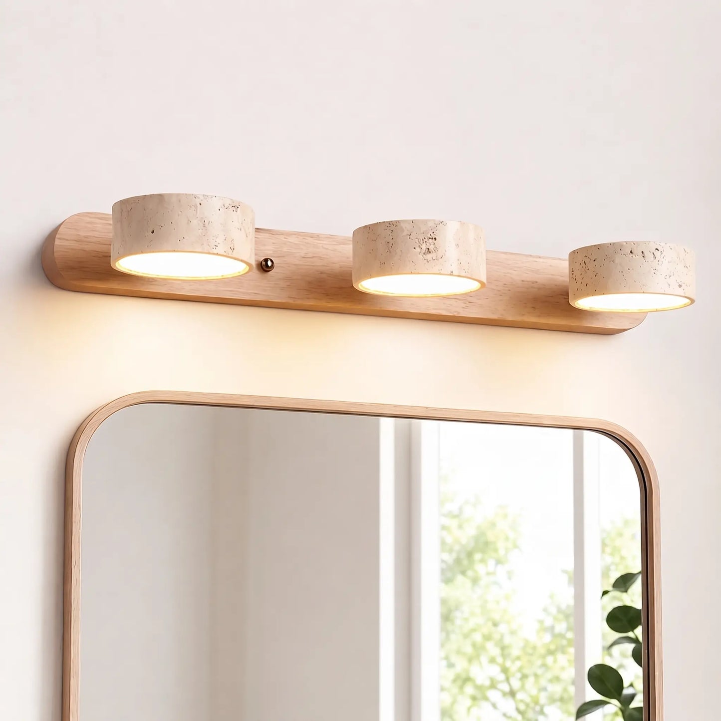 Applique murale LED salle de bain – Bois clair & travertin, design minimaliste