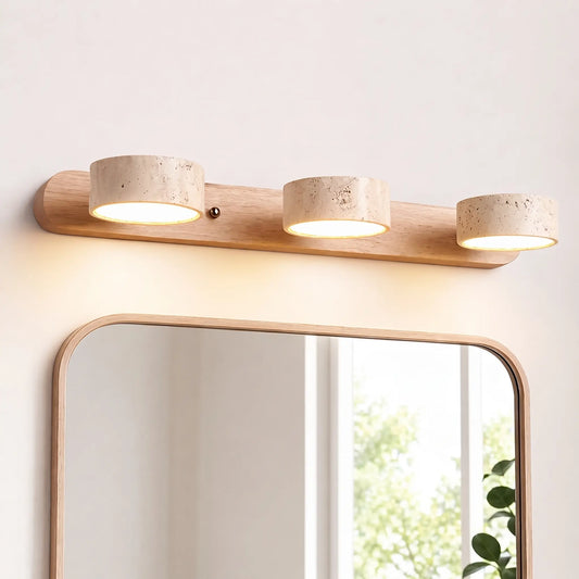 Applique murale LED salle de bain – Bois clair & travertin, design minimaliste