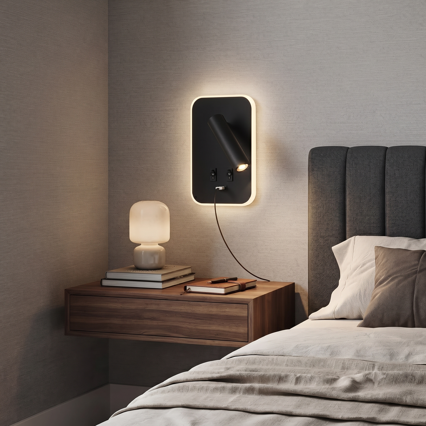 Applique murale avec liseuse LED orientable et port USB – Design moderne pour tête de lit