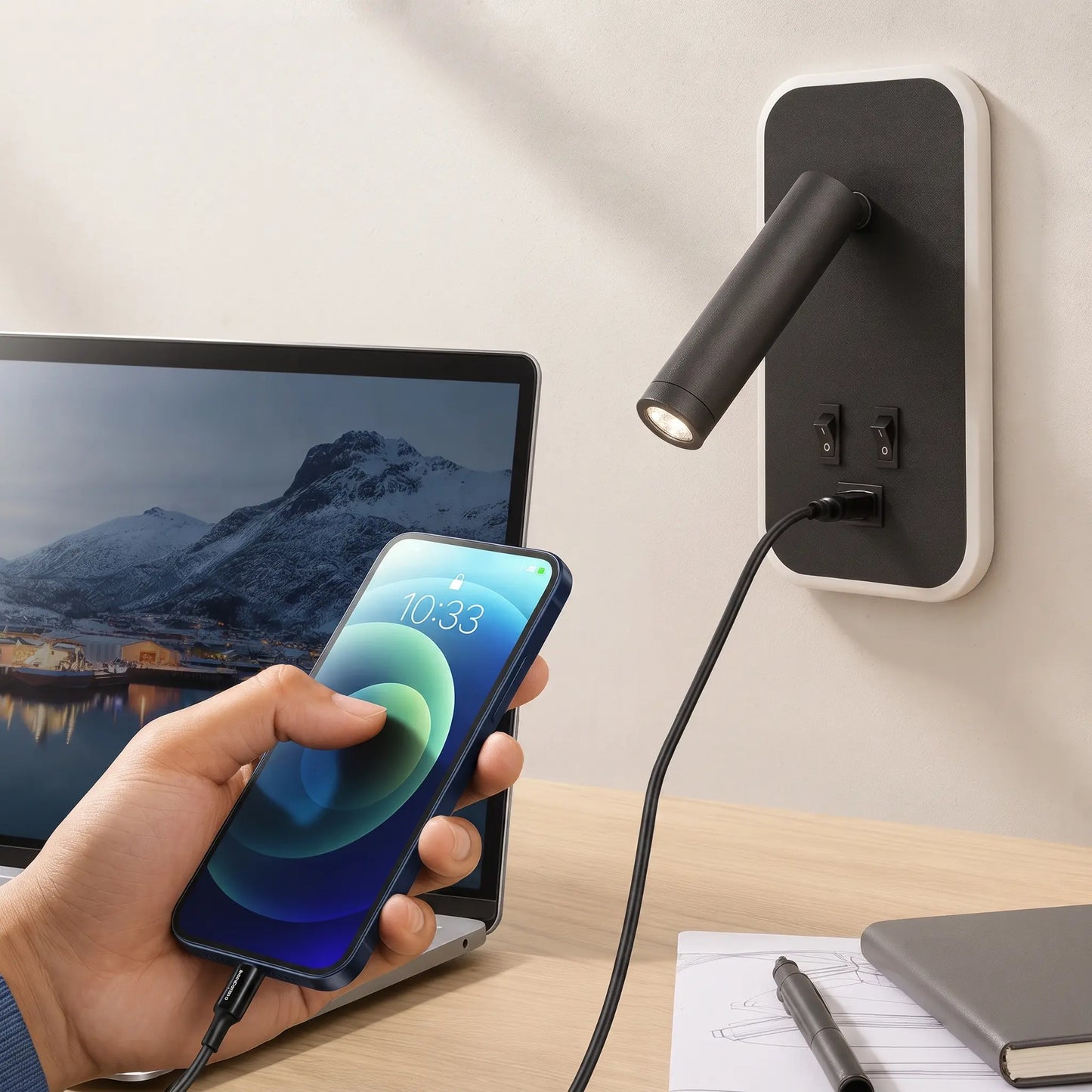 Applique murale avec liseuse LED orientable et port USB – Design moderne pour tête de lit