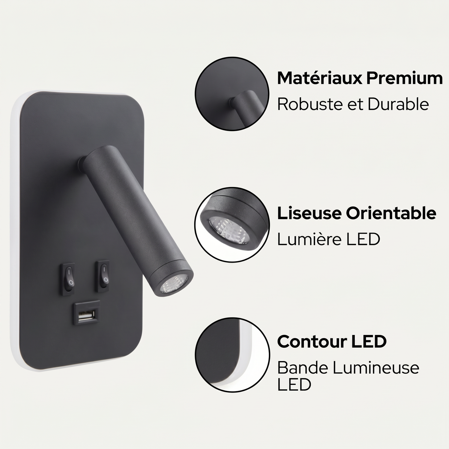 Applique murale avec liseuse LED orientable et port USB – Design moderne pour tête de lit