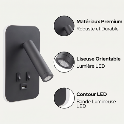 Applique murale avec liseuse LED orientable et port USB – Design moderne pour tête de lit