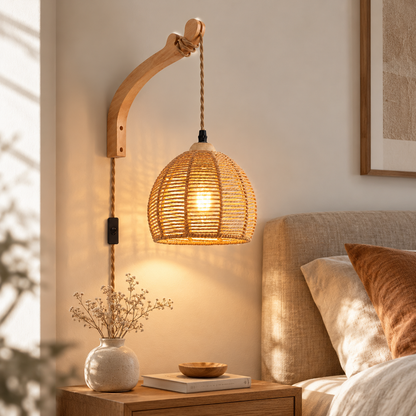 Applique murale en rotin avec prise – Bois naturel